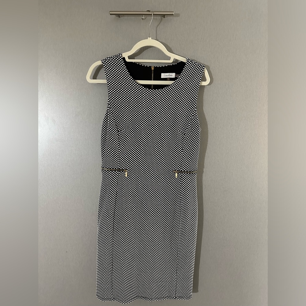 Calvin Klein black and white polka dot dress with gold detail zippers size 10